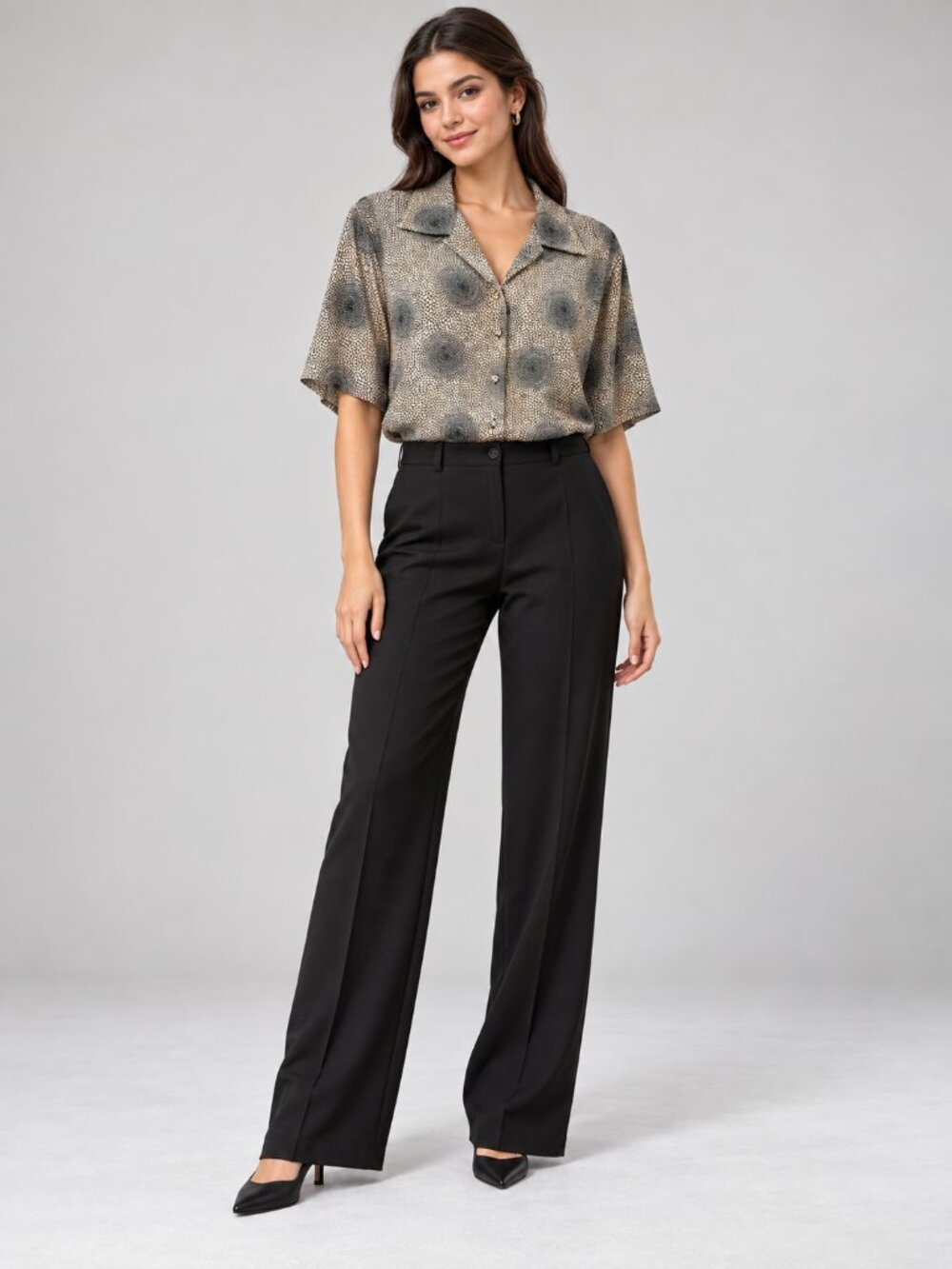 Voir Collection Y2K Beige Black Abstract Print Button Front Blouse Elbow Sleeve